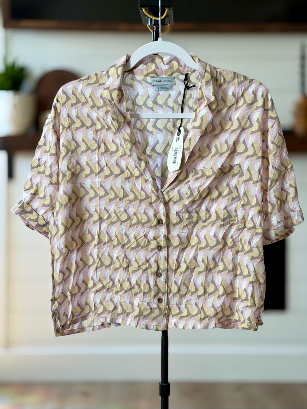 Prana Short Sleeve Button-Front Top in pink and Pale Yellow Geometric Print